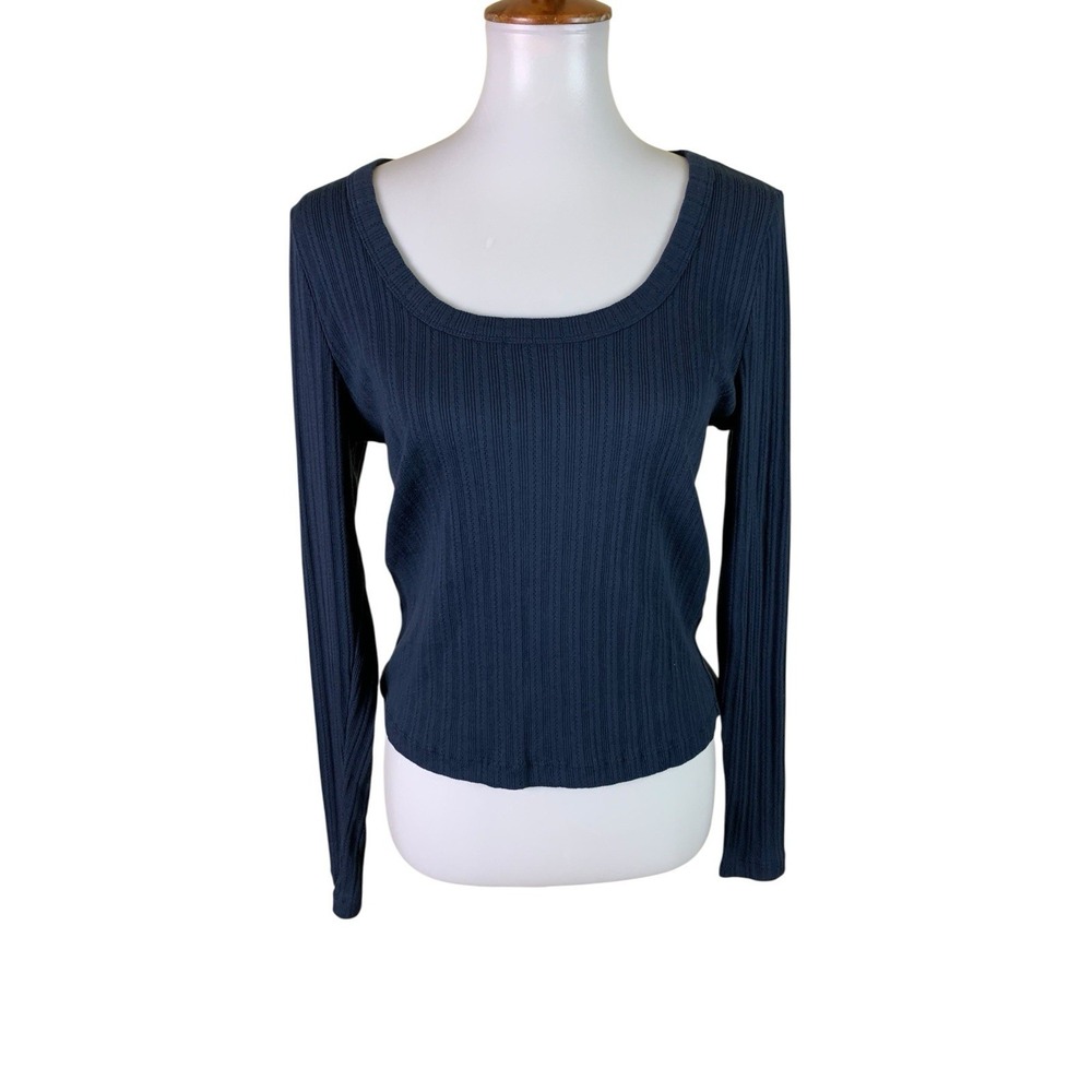 Marine Layer Blue  Ribbed Scoop Neck Long Sleeve Tee‎ Stretch Soft Basics L